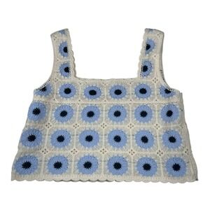 Rebellion‎ Small Cream Blue Floral Granny Square Crochet Top Cropped Hippie